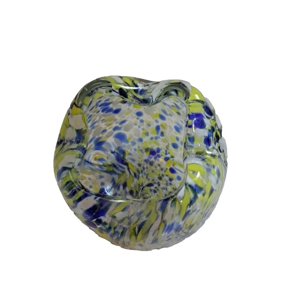 MCM Art Deco Glass Hand Blown Vase Cup Scallop Yellow Blue 3.5